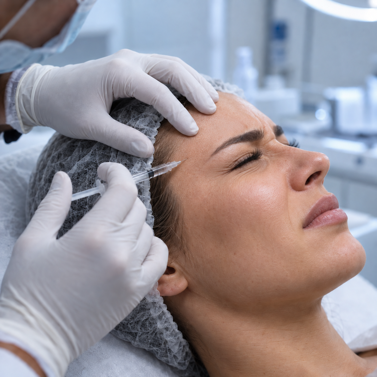 Procedimento injetável com agulha em clínica dermatológica