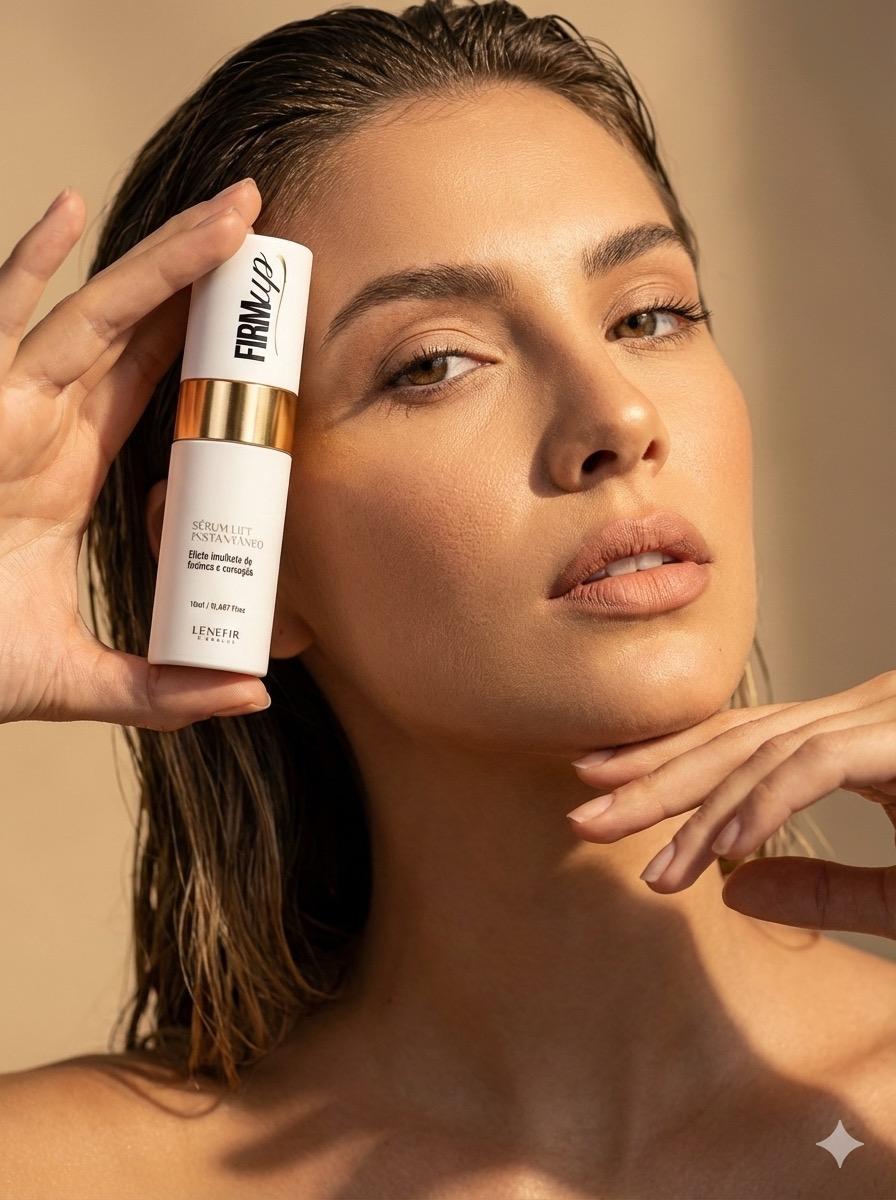 Modelo apresentando o frasco de FIRMup Lift Instantâneo